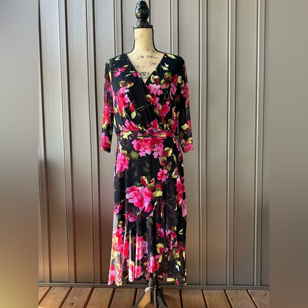 Connected Apparel Womens Plus Mesh Floral Print Dress 14W
